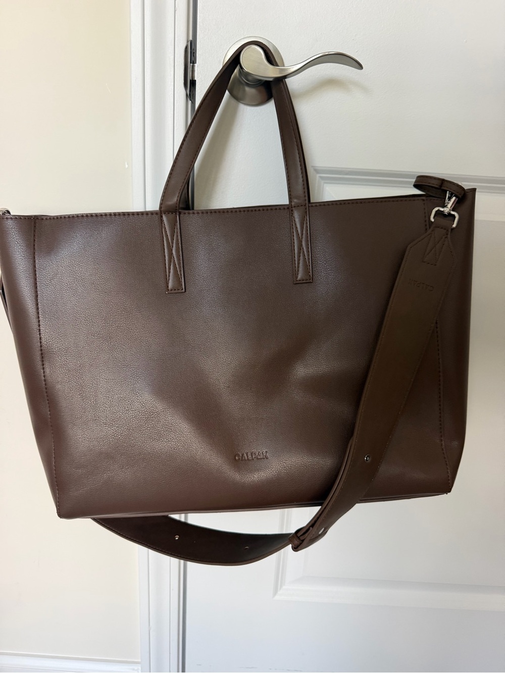 Calpak Espresso Brown Leather Messenger Tote with Detachable Strap
